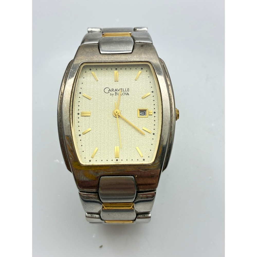Caravelle by Bulova Mens Two Tone Date Watch C860532 Silver Gold Rectangle Dial